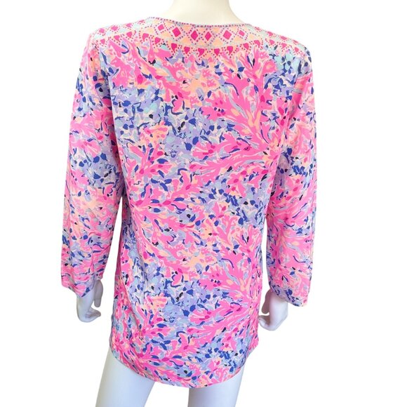 Lilly Pulitzer Womens 100% Silk Tunic Small Pink Blue Floral Print Long Sleeve - Picture 2 of 5